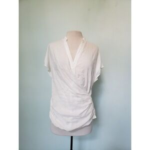 Akemi + Kin Anthropologie Womens 10 Blouse White Semi Sheer Draped Buttons Rayon